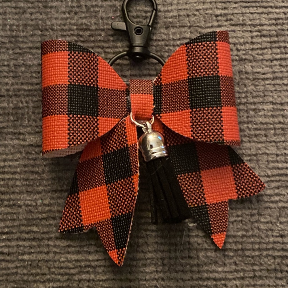 Red and Black Plaid Bow Bag Charm Key Chain - Picture 2 of 2